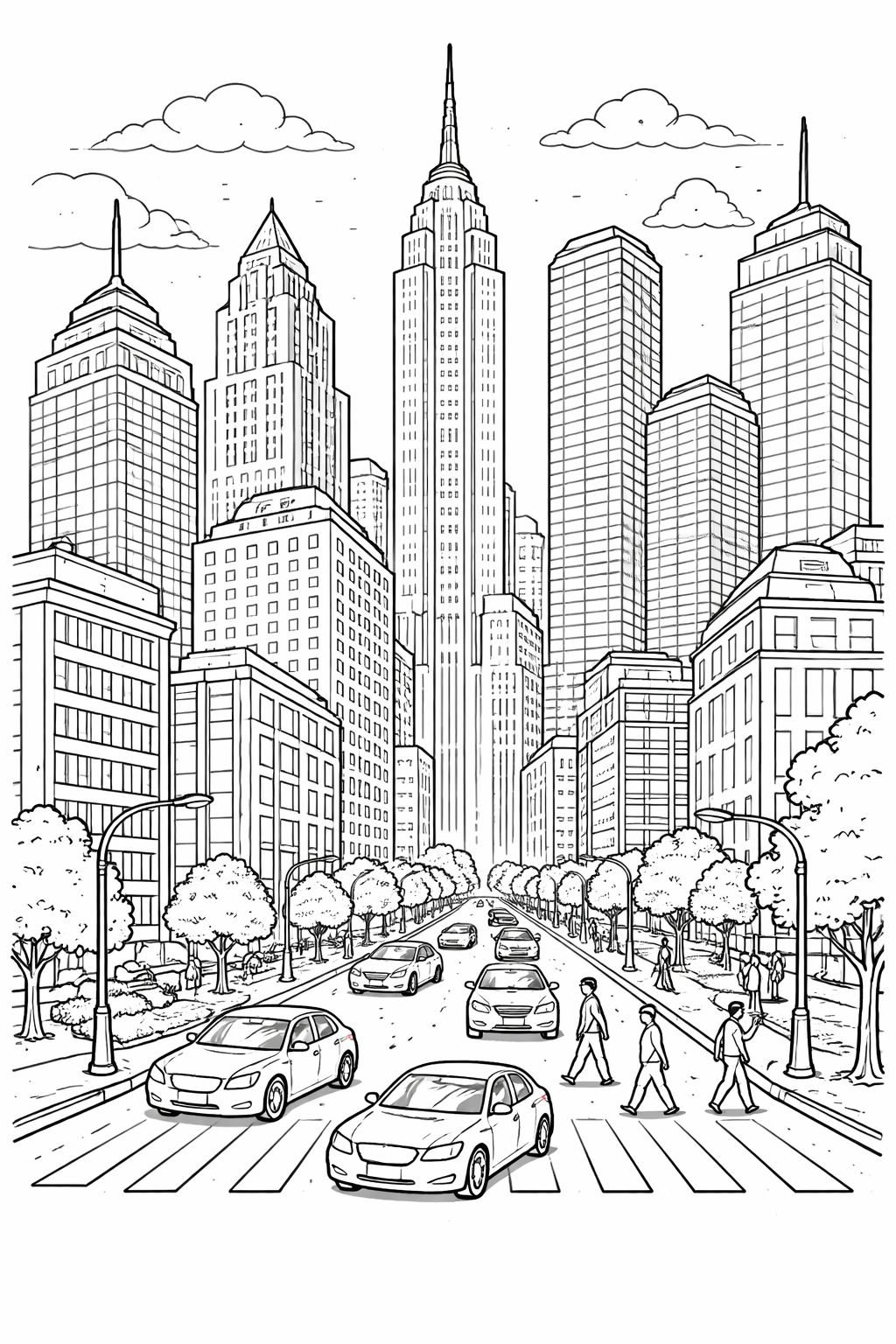 Detailed urban scene coloring page with tall buildings, cars on the road, and people walking across a busy city street, ideal for children to explore city landscapes.