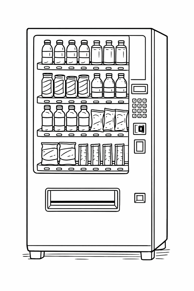 A detailed vending machine coloring page showing rows of bottles, cans, and snack bags. Perfect for children to color and learn about the different items commonly found in vending machines.