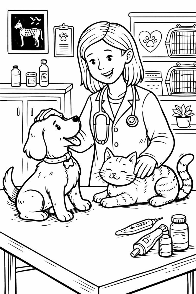 A detailed coloring page of a veterinarian with a dog and a cat on a clinic table, medical supplies in the background, ideal for children to color.