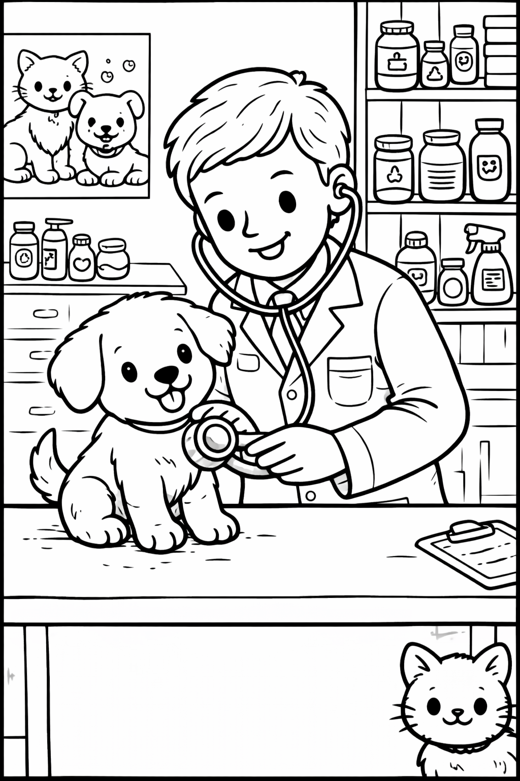 A coloring page displaying a smiling veterinarian examining a playful puppy on a table, surrounded by shelves of jars and bottles. A friendly cat looks on. Perfect for children to explore their creativity and learn about animal care.