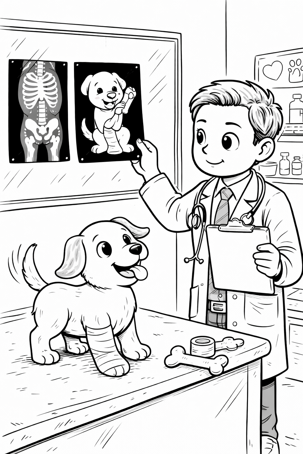 Coloring page showing a veterinarian with a joyful puppy on an exam table. Features include x-rays, a stethoscope, and playful bones, inviting children to bring the scene to life.