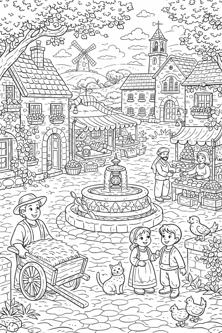 Village scene with market, fountain, and buildings