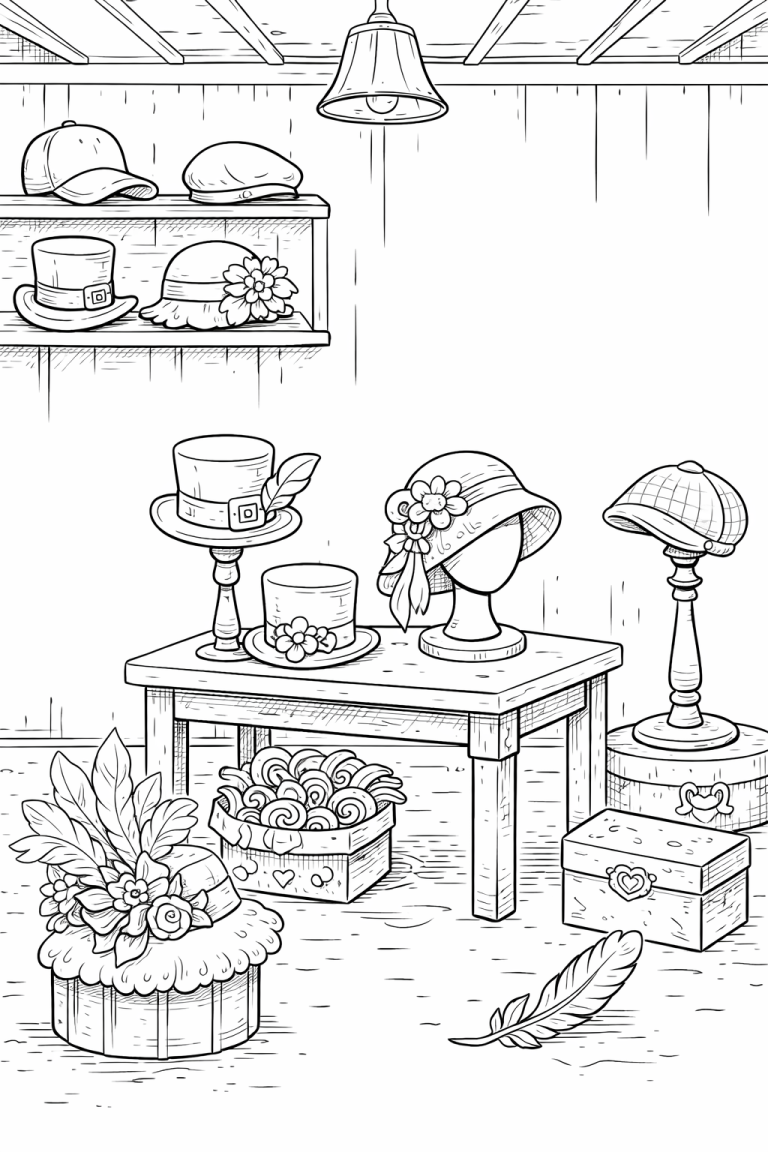 Vintage hat shop coloring page with various hats and decor.