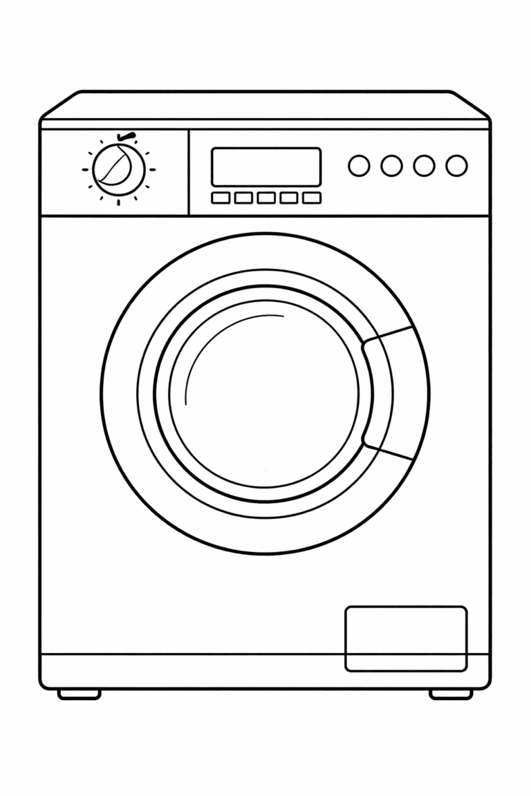 A simple line drawing of a washing machine with knobs, buttons, and a detailed door, designed as a coloring page for kids to enjoy.
