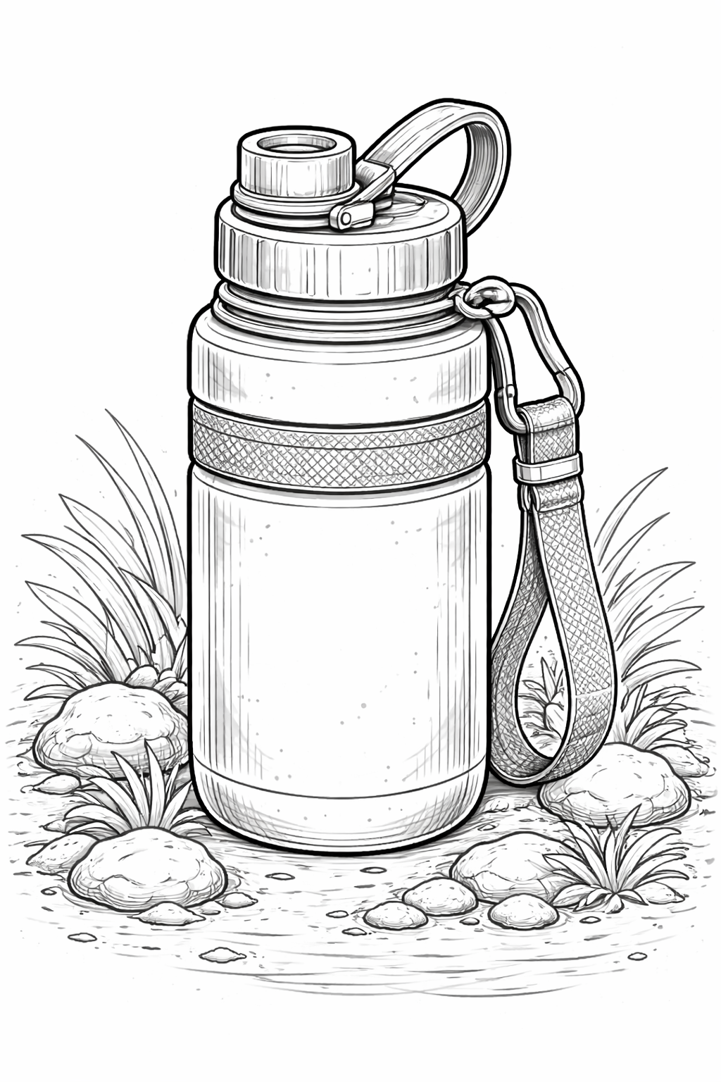 Children's coloring page of a detailed water bottle on grass