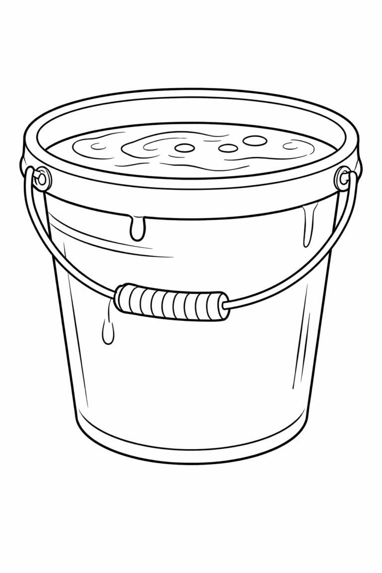 A detailed coloring page of a water bucket, filled with water, designed for children to explore their creativity through coloring this everyday object.