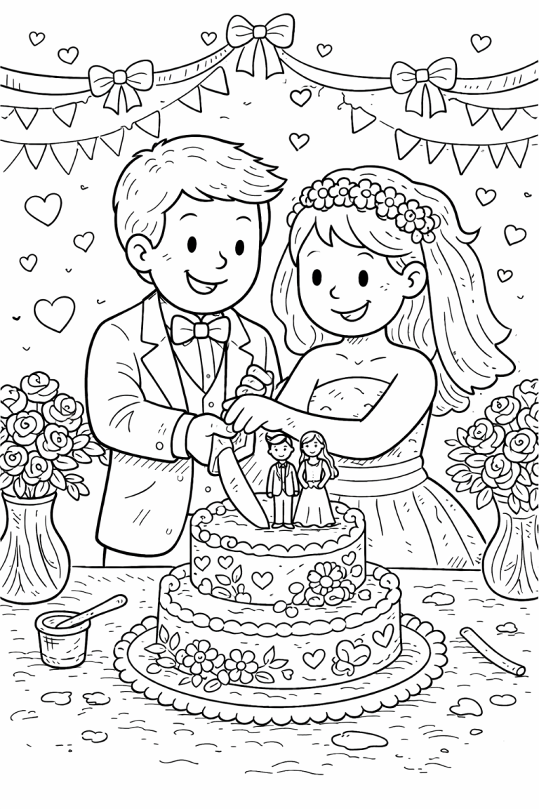 Children's wedding coloring page with cake and couple