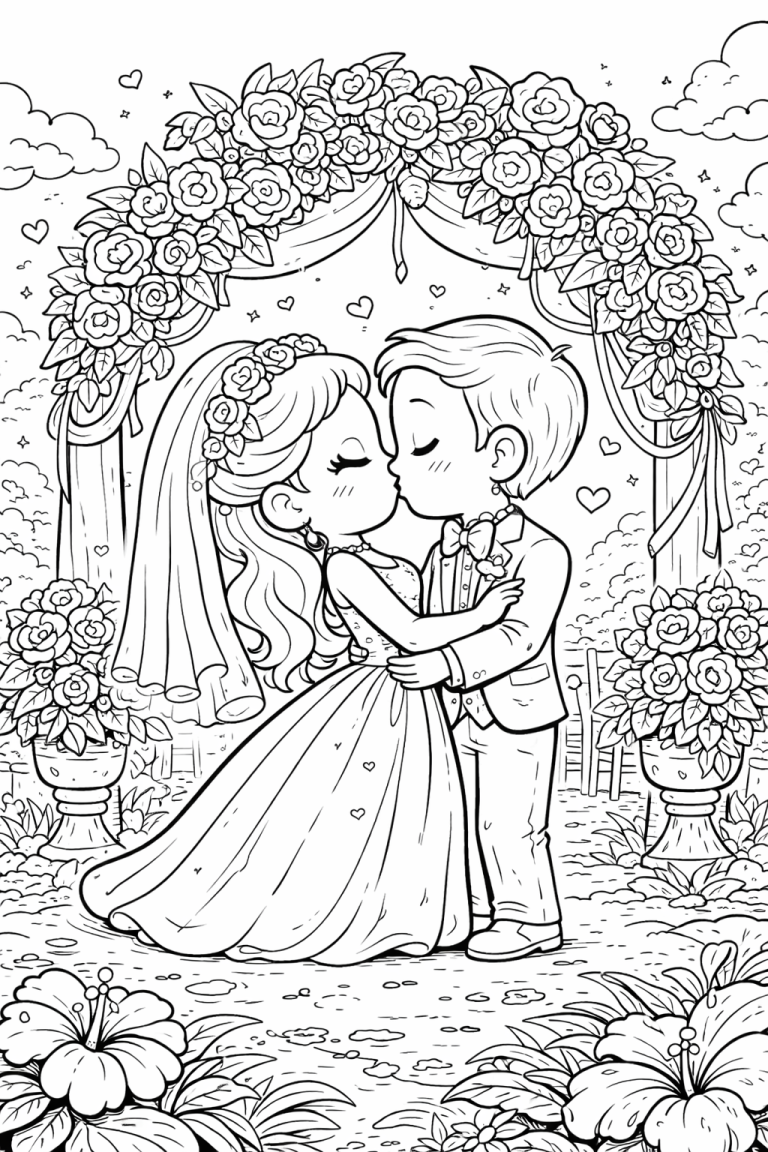 Wedding coloring page with a couple under an arch