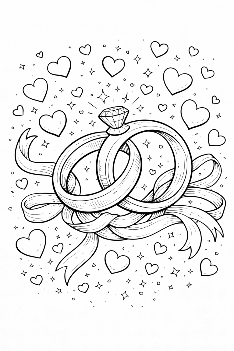 Coloring page with wedding rings and hearts.