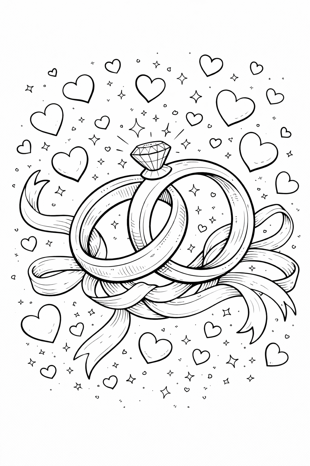 Coloring page with wedding rings and hearts.