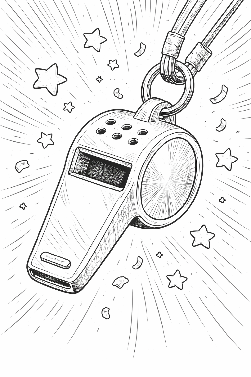 Whistle coloring page with stars and confetti