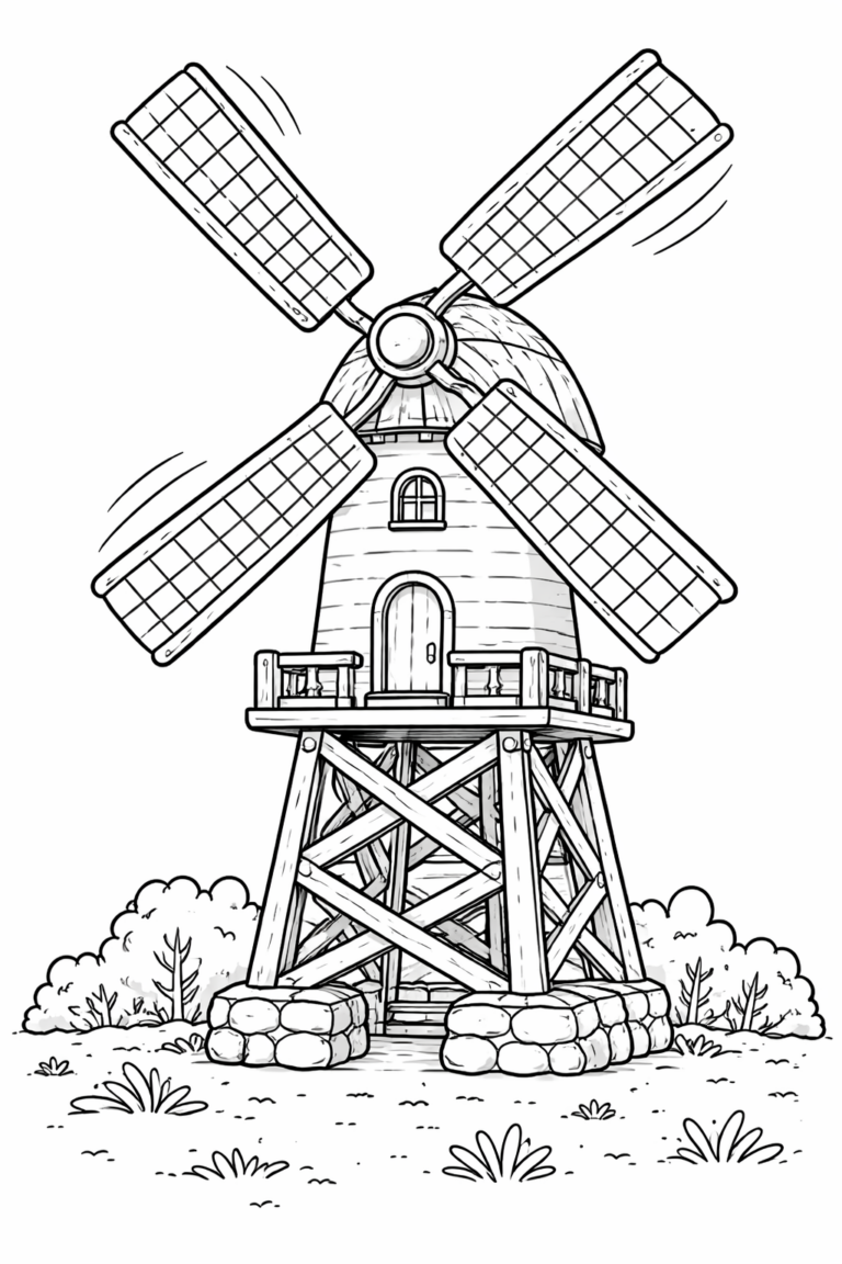 A detailed coloring page of a windmill. The scene shows a classic windmill with large blades, set against a backdrop of shrubs and natural surroundings. Kids can enjoy coloring the intricate details and bring the serene landscape to life.