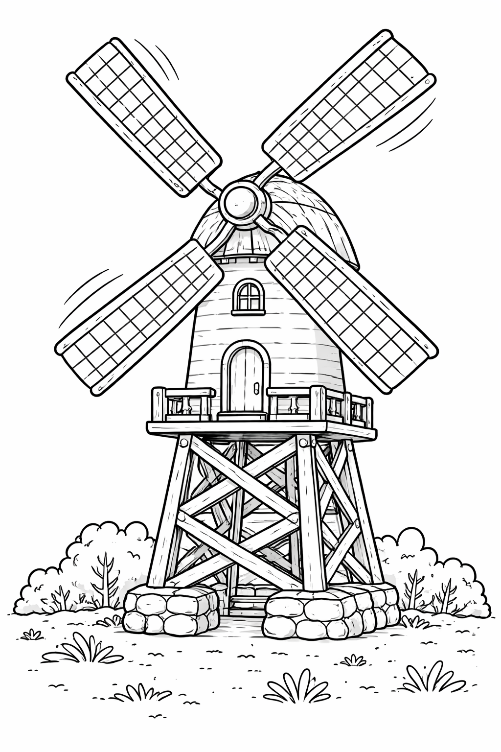 A detailed coloring page of a windmill. The scene shows a classic windmill with large blades, set against a backdrop of shrubs and natural surroundings. Kids can enjoy coloring the intricate details and bring the serene landscape to life.