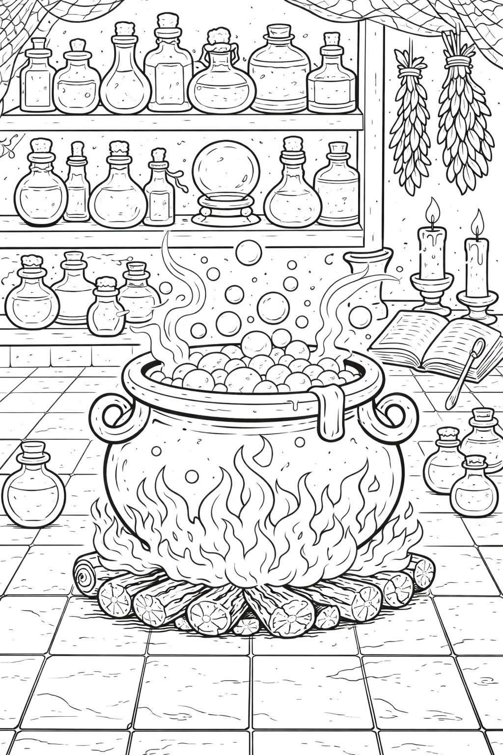 coloring page of a witch's cauldron with potions