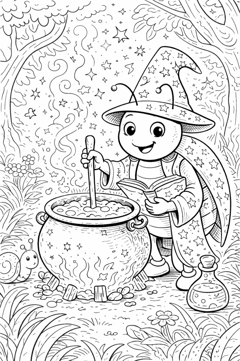 Wizard insect with a cauldron in a magical forest