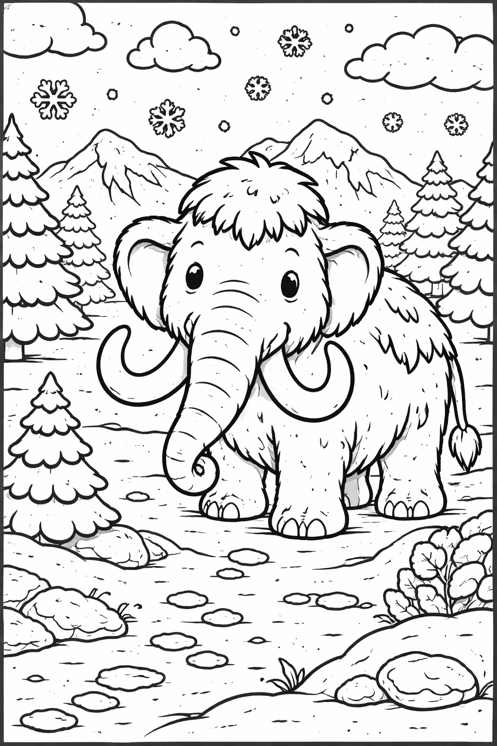A woolly mammoth stands in a snowy landscape surrounded by mountains and pine trees. Snowflakes gently fall from the sky, creating a calm winter scene perfect for coloring.