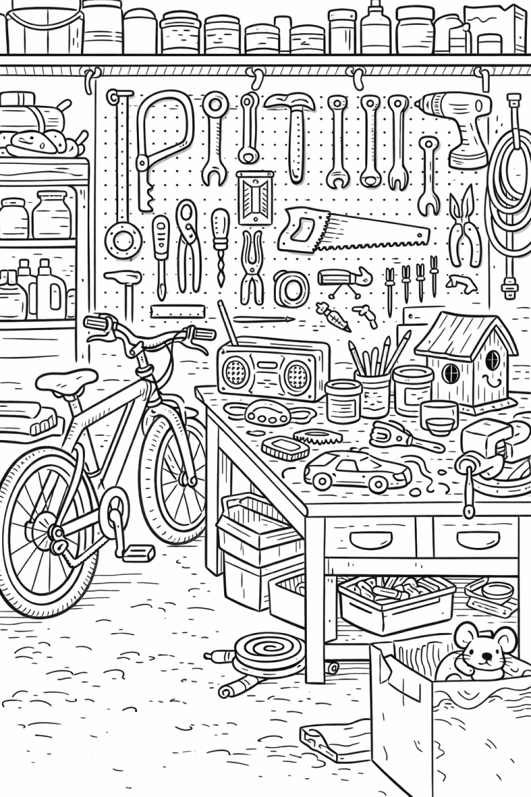 Black and white coloring page of a workshop with tools and a bicycle.