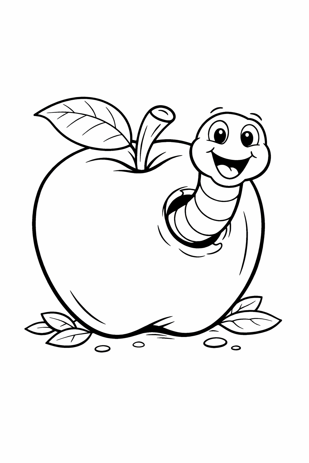 Smiling worm in an apple coloring page