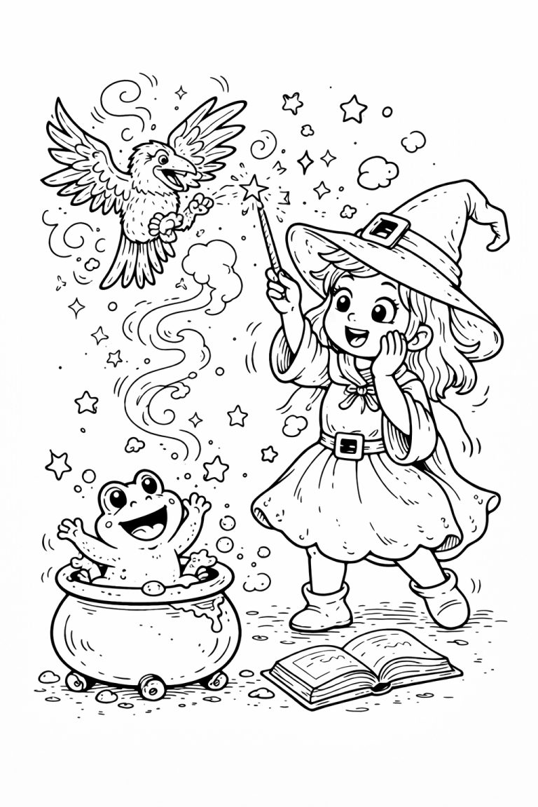 A young witch with a pointed hat casting a spell, a delighted frog in a cauldron, and a joyful bird surrounded by stars and sparkles, providing a whimsical scene for children to color.