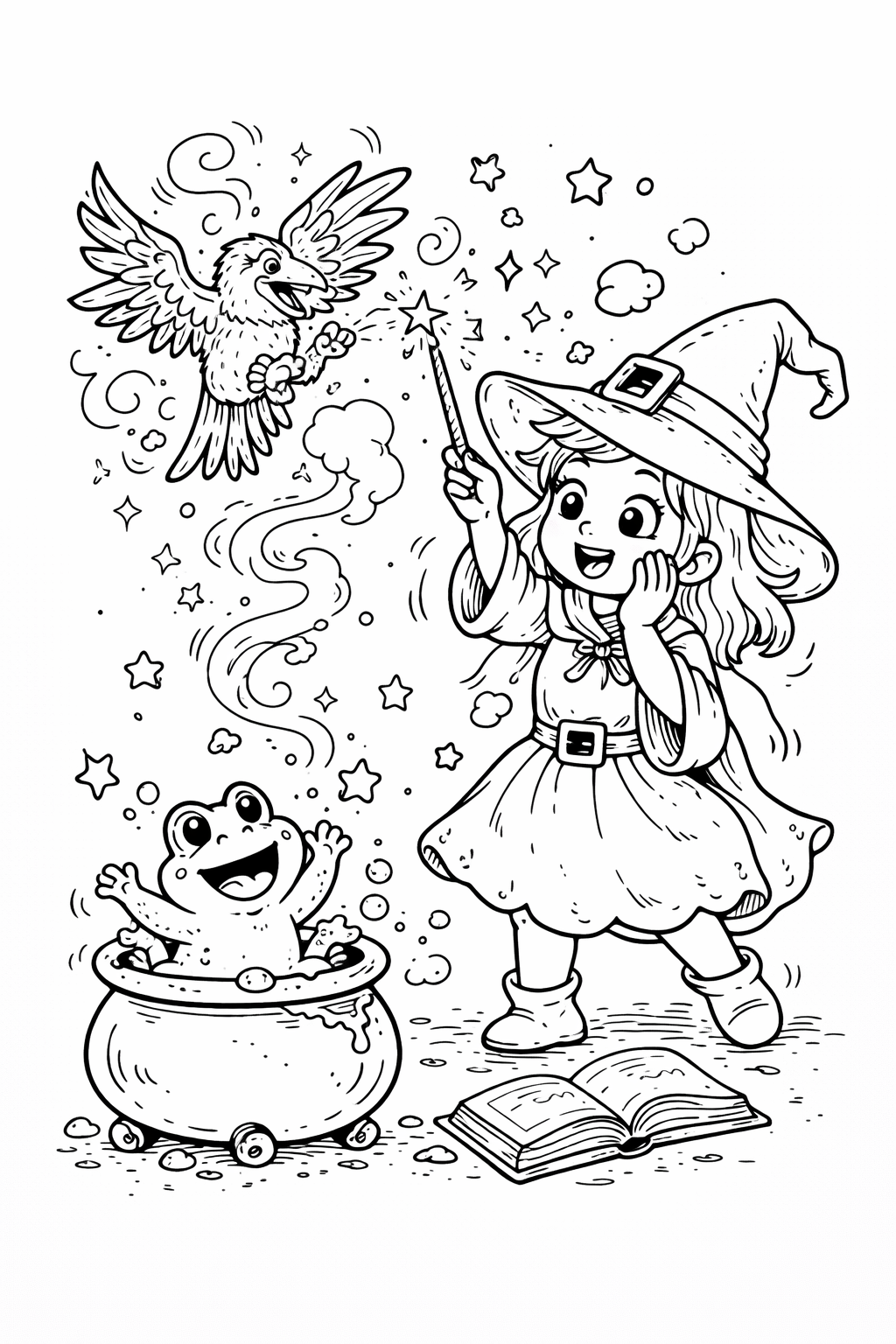 A young witch with a pointed hat casting a spell, a delighted frog in a cauldron, and a joyful bird surrounded by stars and sparkles, providing a whimsical scene for children to color.