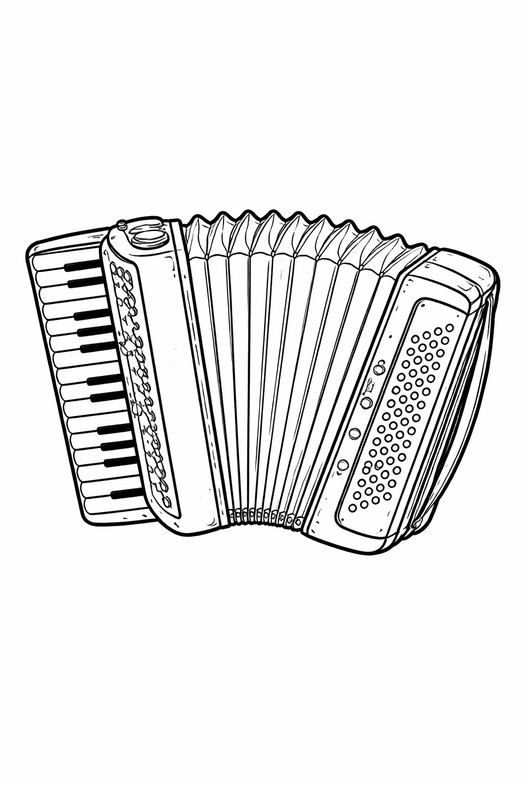 A detailed accordion coloring page for children, featuring keys, buttons, and bellows, allowing kids to explore the intricate design.