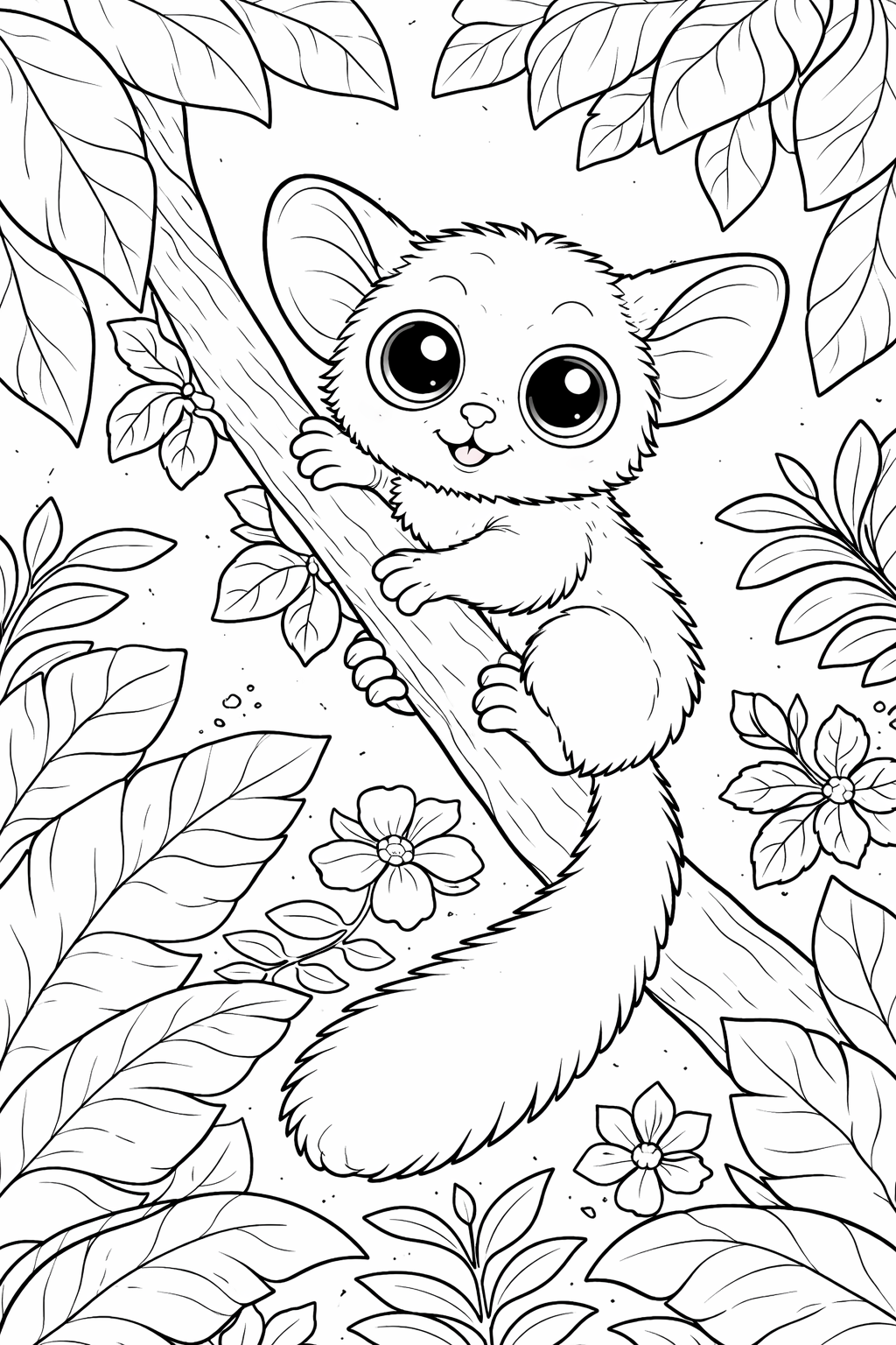 An adorable animal with big eyes on a tree branch, surrounded by leaves and flowers, ready to be colored by children.