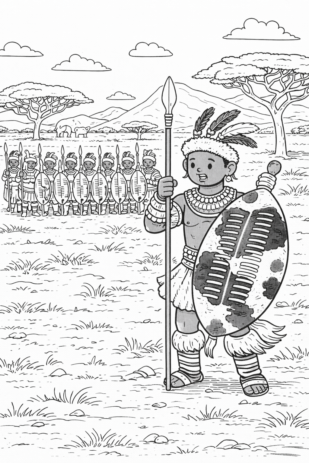 Coloring page showing African warriors in traditional attire with shields and spears, set in a savanna landscape with acacia trees and mountains.