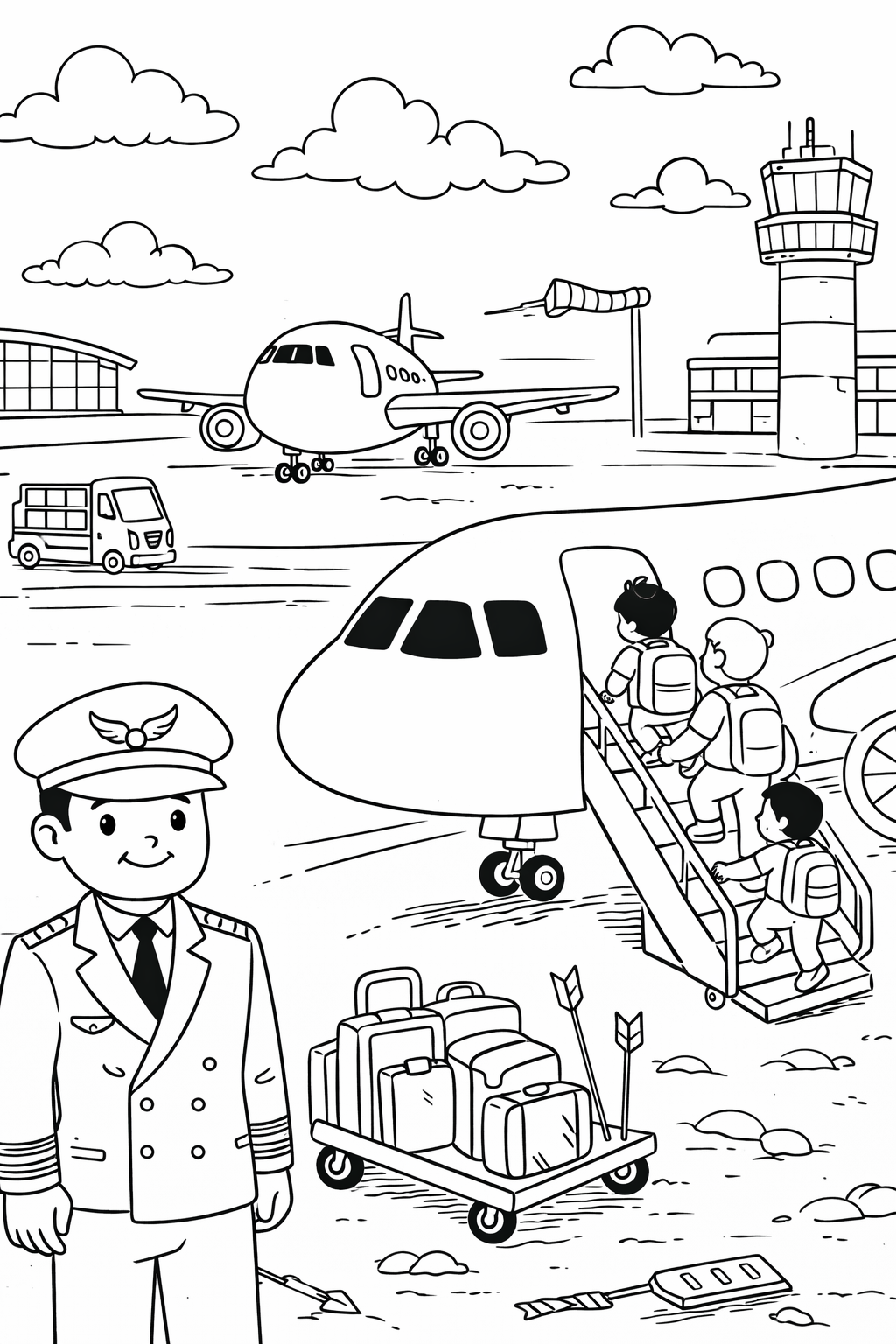 Children’s coloring page showing an airport with an airplane, passengers boarding, a pilot, and airport elements like control towers and luggage carts, providing an engaging coloring activity.