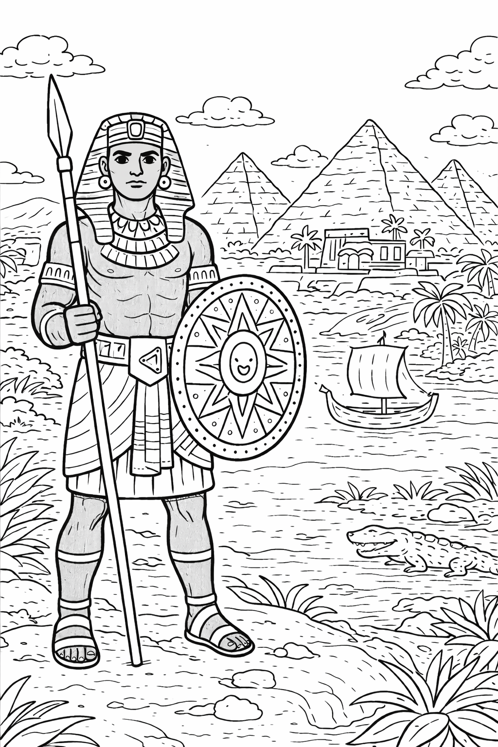 Ancient Egyptian scene with a pharaoh holding a spear and shield, standing in front of pyramids and a river with a sailboat and crocodile.