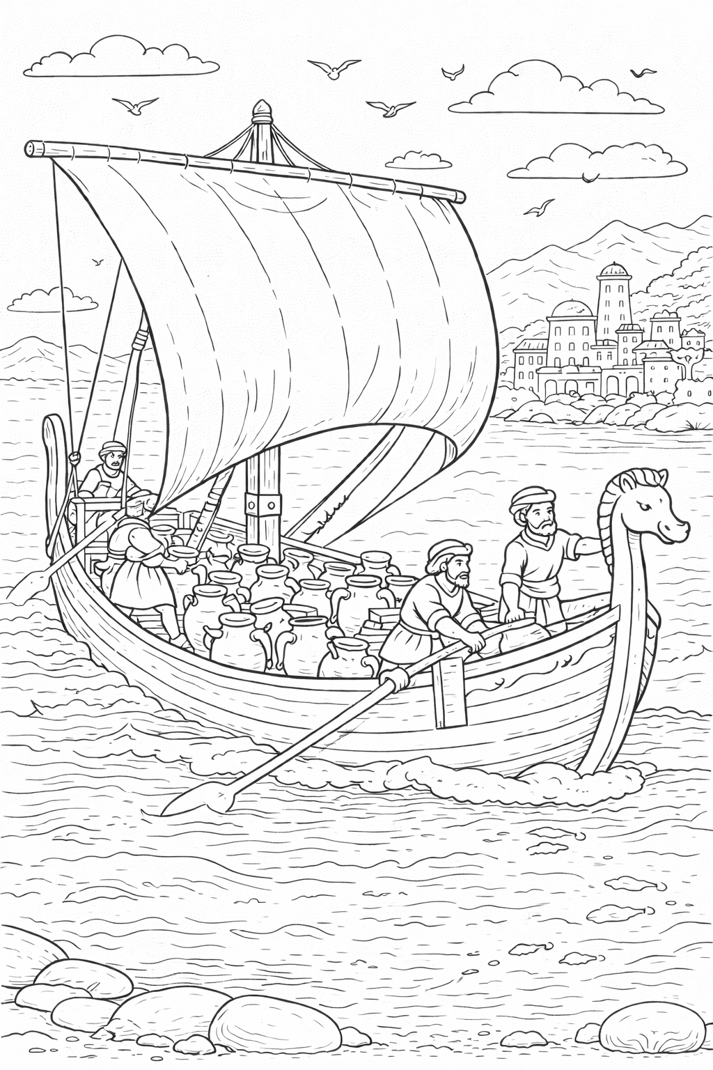A detailed coloring page depicting an ancient ship with sailors, large sails, a coastal town, and birds in the sky, offering children an educational and creative experience through history and art.