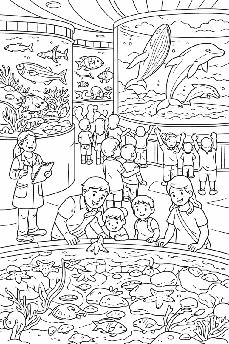 Detailed aquarium scene where children eagerly watch dolphins, whales, and fish in diverse tanks. The page captures educational interaction between a guide and visitors, encouraging exploration.