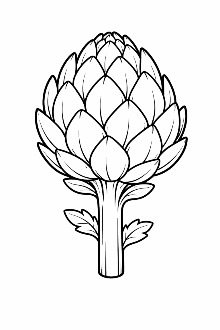 A detailed artichoke illustration designed for a children's coloring activity, showcasing the intricate layers and leaves which kids can color using their favorite shades.