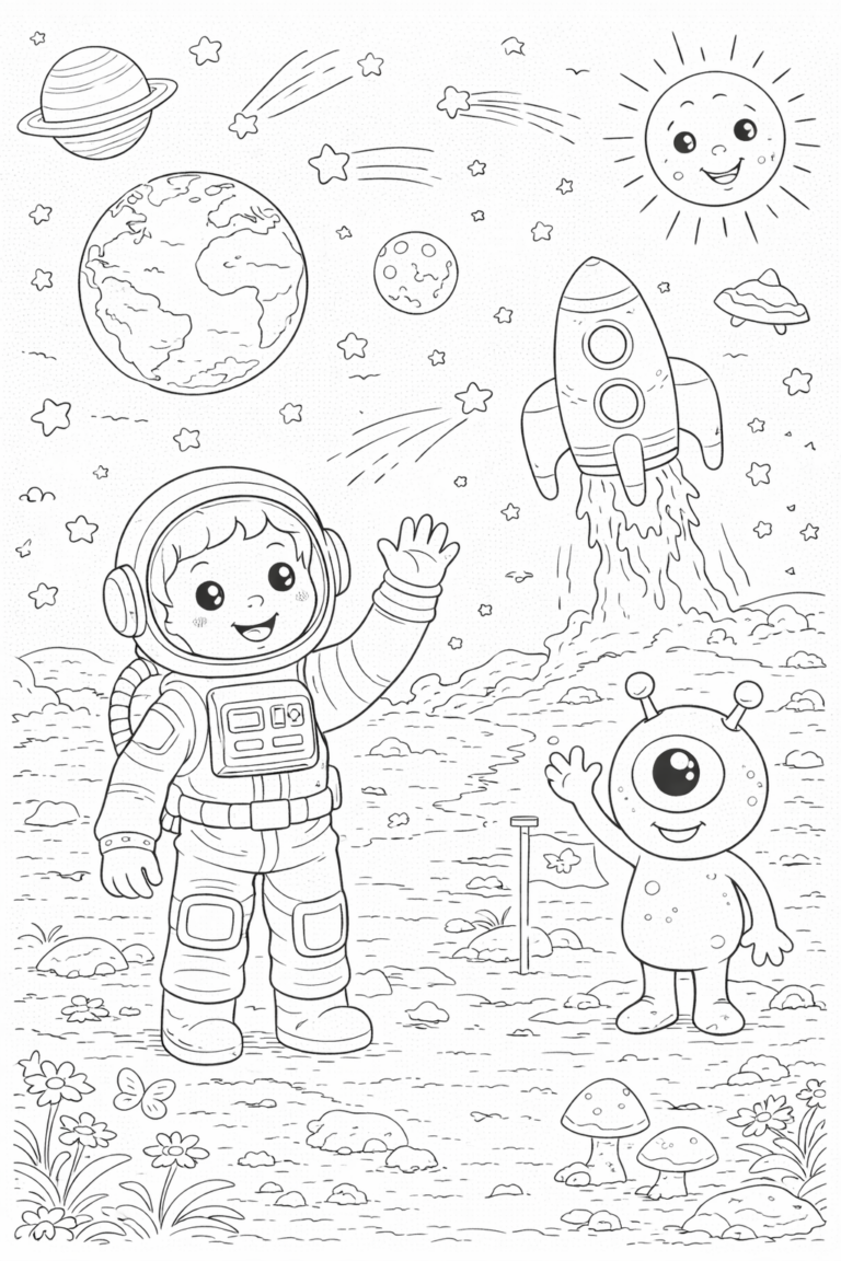 Children can color an astronaut and alien waving in a cheerful space setting with stars, planets, and a rocket ship, encouraging imaginative play and creativity.