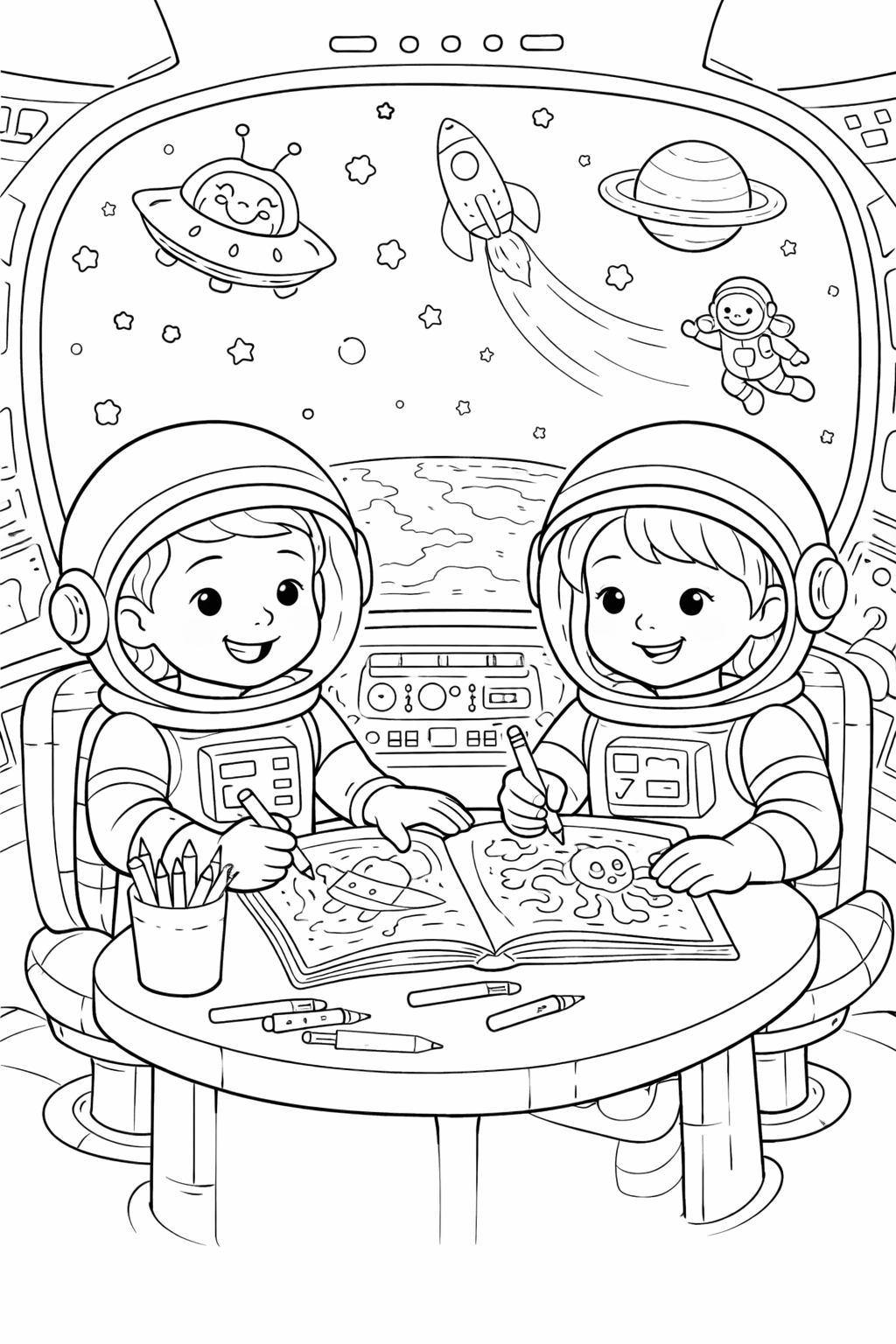 Two happy astronauts in a spaceship are drawing space-themed pictures. Through the window, planets, rockets, and a UFO create an adventurous background.
