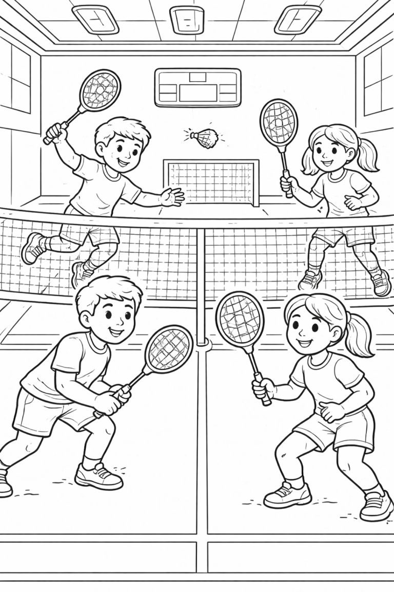 Four children energetically playing badminton on an indoor court, each holding a racket while a shuttlecock flies over the net. This scene captures the joy and excitement of the game, offering a fun coloring opportunity.