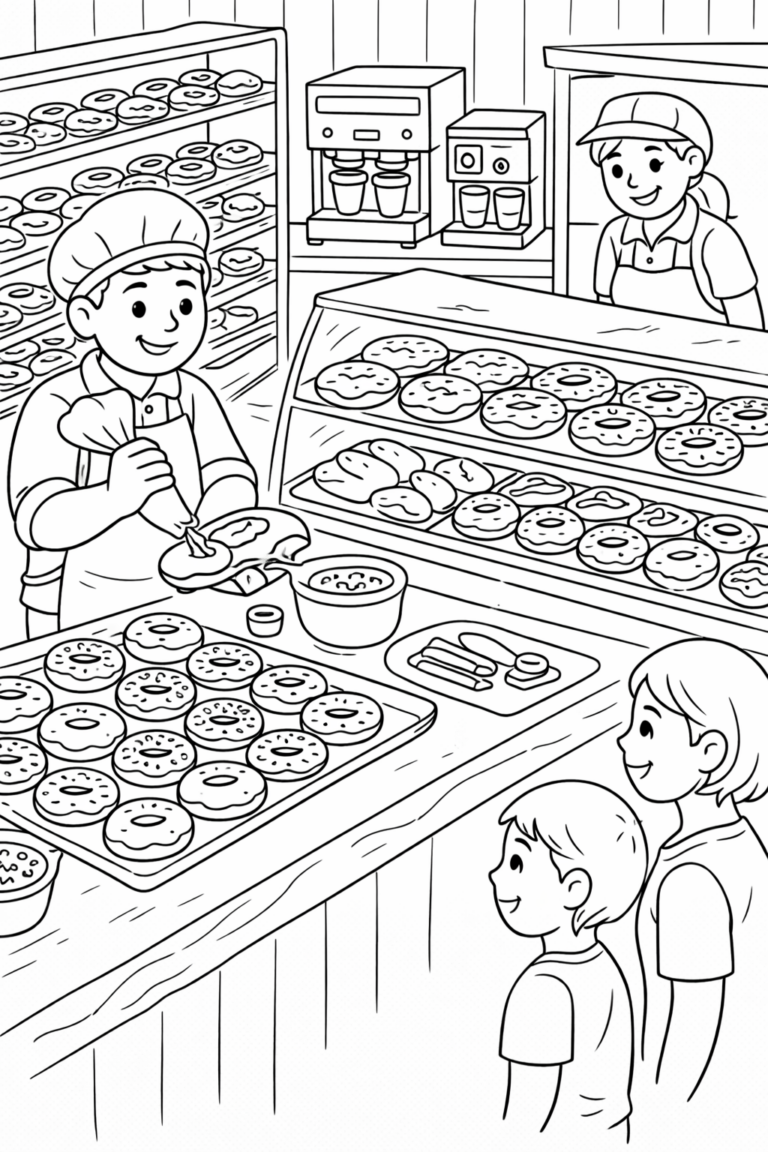 A whimsical bakery scene with bakers preparing fresh donuts. Children eagerly watch, smiling as they anticipate delicious treats. This coloring page invites kids to explore creativity and imagination while introducing them to the joyful world of baking.