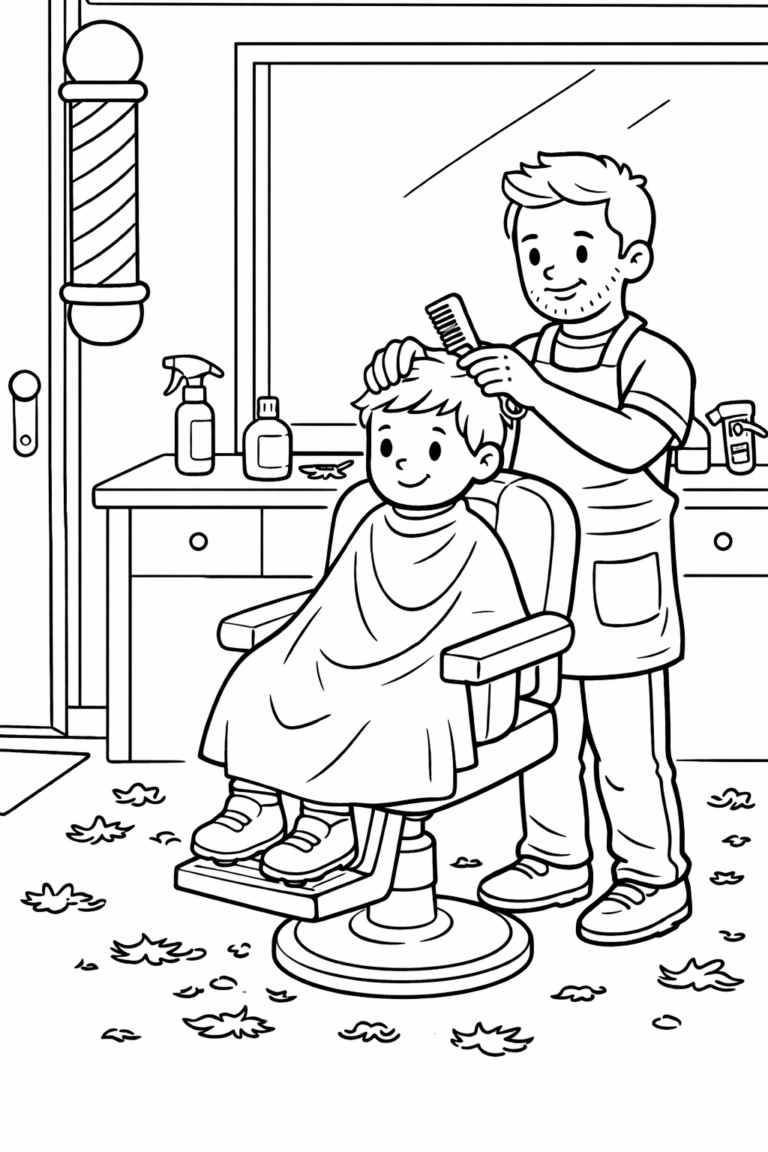 A child sits happily in a barber's chair getting a haircut. The barber holds a comb, surrounded by typical tools of a barbershop such as scissors and spray bottles. Leaves are scattered on the floor, creating a realistic and engaging scene.