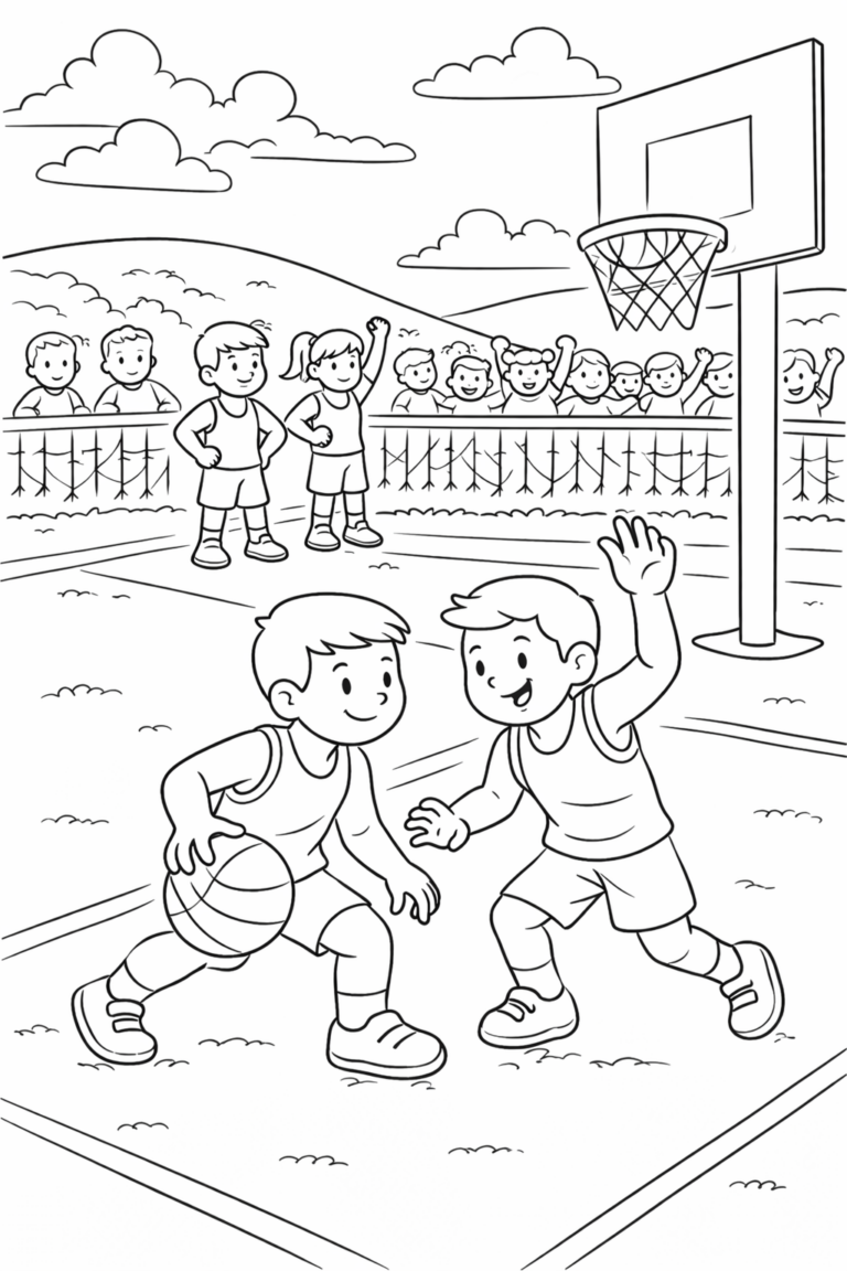 A fun scene of children playing basketball, dribbling and engaging with one another on a sunny day, while their friends cheer enthusiastically from the sidelines.