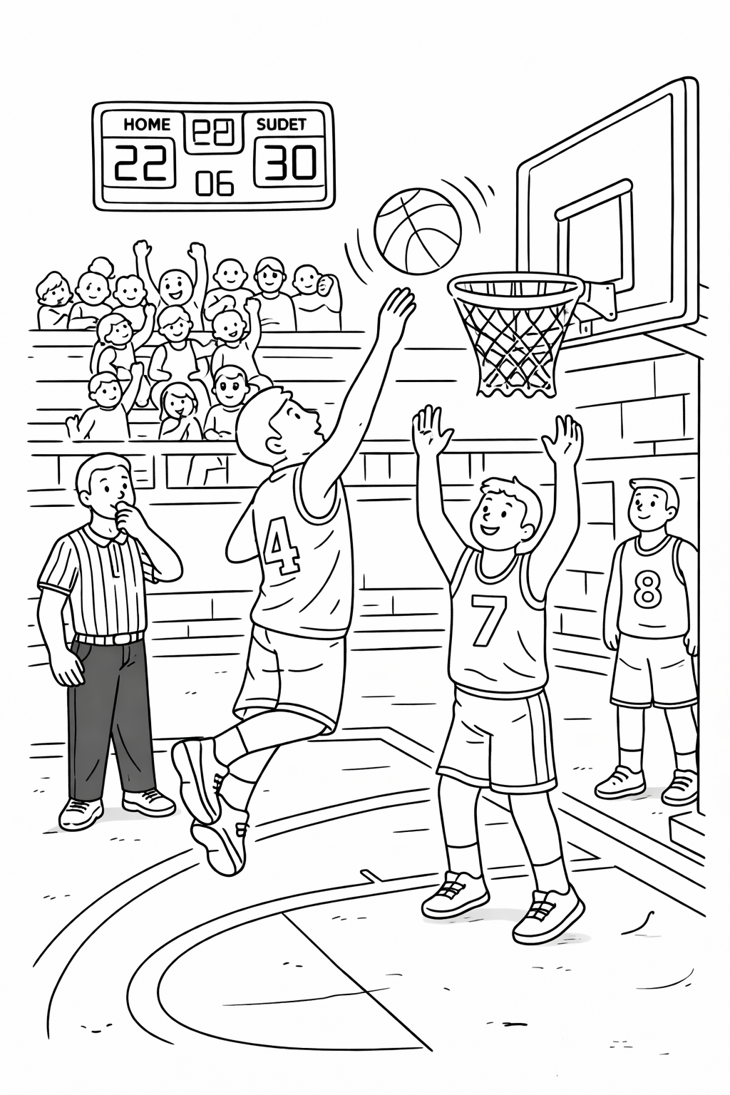 Children's coloring page showing a basketball game with players in action, a referee observing, and a cheering audience in the background with a visible scoreboard.