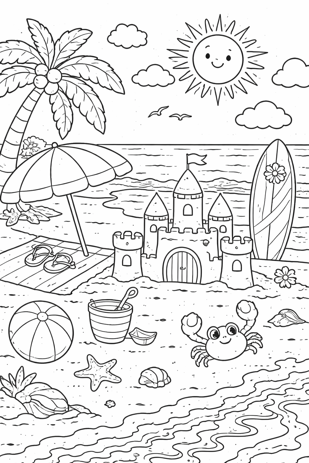 A delightful beach coloring page with a smiling sun, palm tree, a sandcastle, and cheerful crab, inviting children to explore their artistic talents and enjoy a fun, sunny scene by adding color.