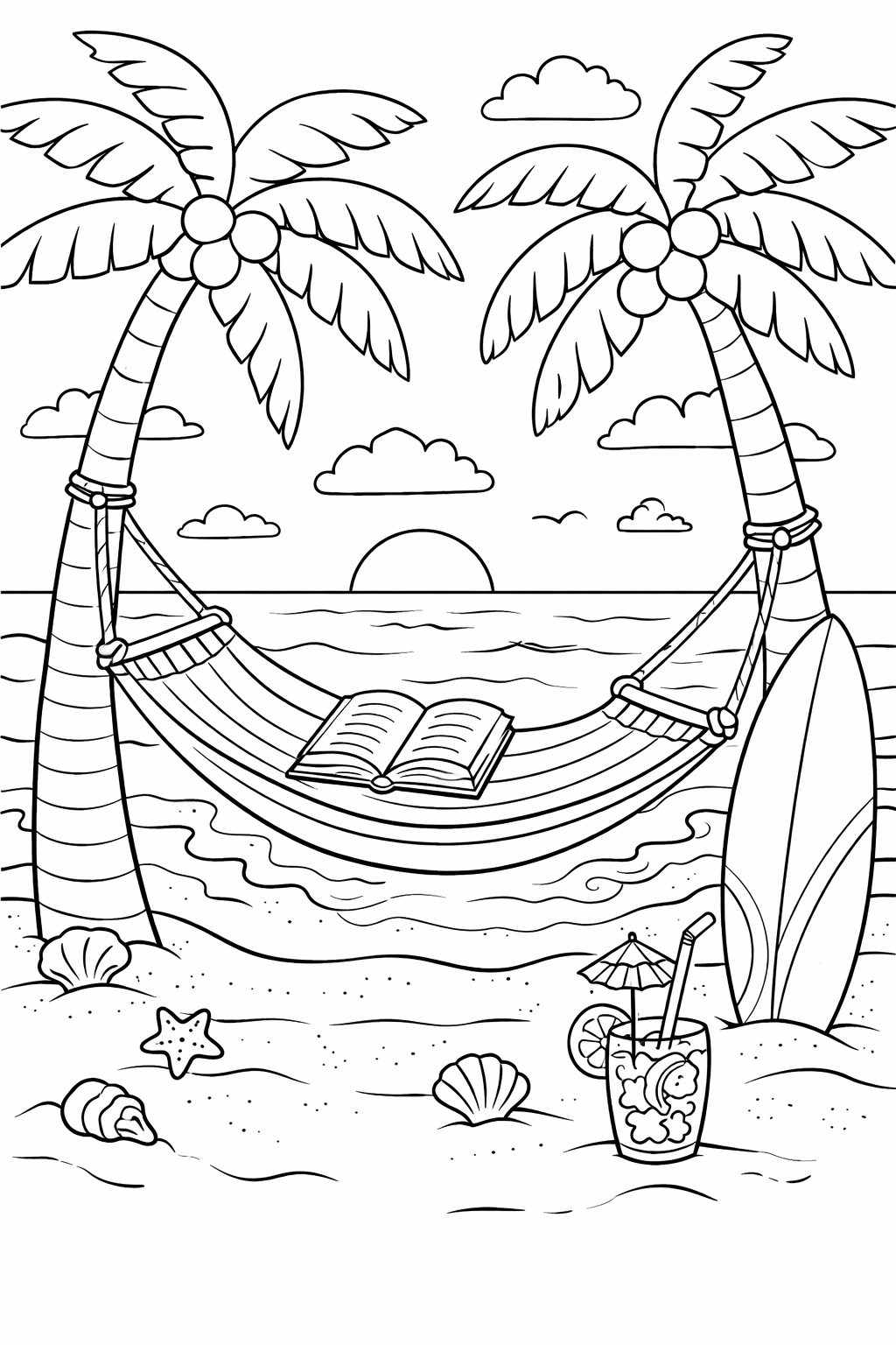 A coloring page showing a peaceful beach scene with a hammock between palm trees, a book, a drink, seashells, and a surfboard, capturing the essence of relaxation and tropical vibes.