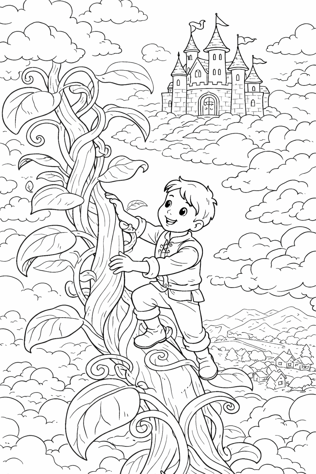 A young adventurer climbs a giant beanstalk leading to a castle in the clouds. The scene is full of whimsical elements and invites children to explore their creativity by coloring this enchanting fairy tale setting.
