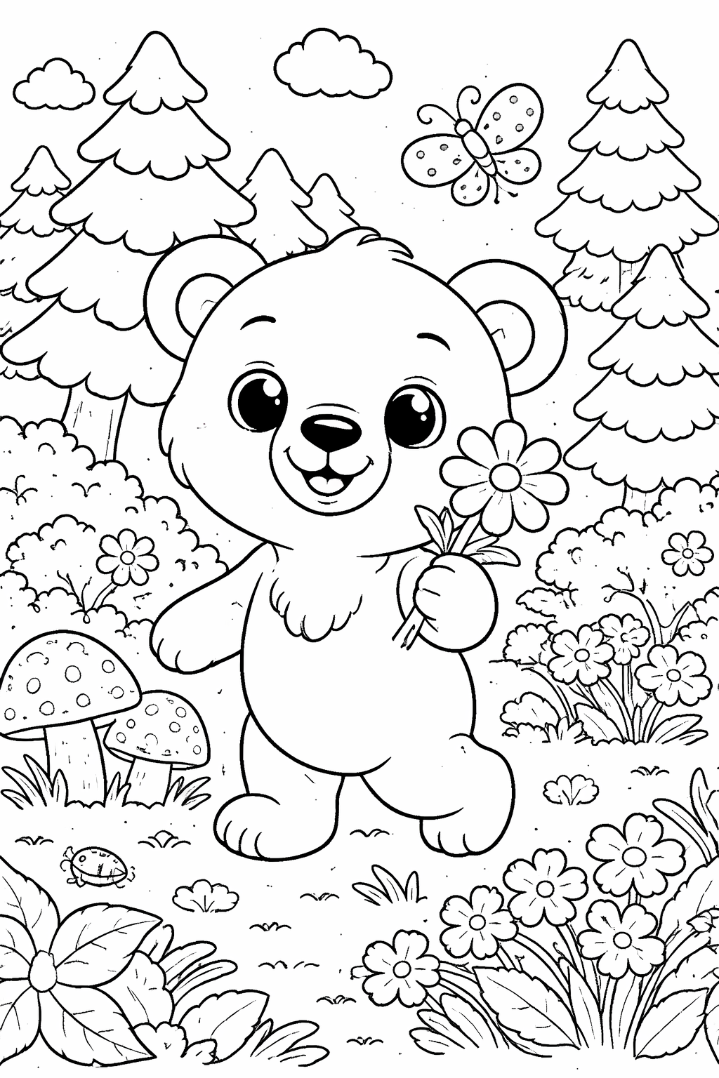 A cute bear holding a flower, surrounded by trees, flowers, and a butterfly. This coloring page scene is set in a whimsical forest, inviting children to add their creative touch with vibrant colors.