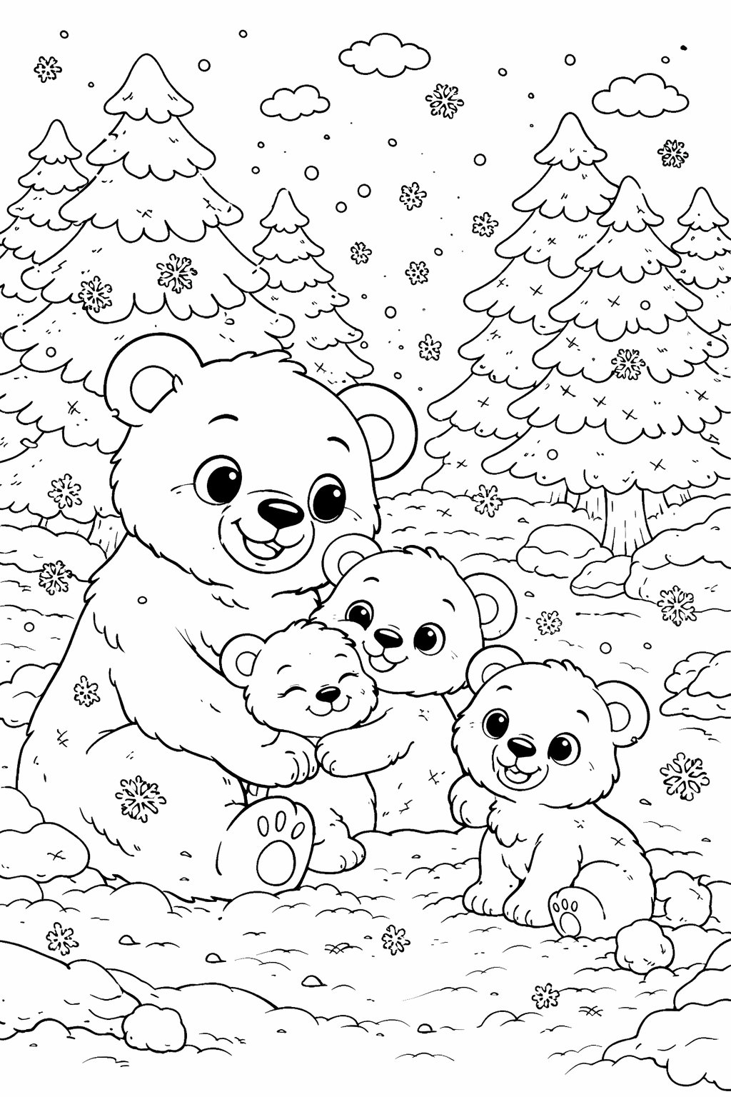 An adorable bear family with an adult bear and three cubs playing in a snowy woodland setting, surrounded by pine trees and snowflakes, perfect for children's coloring activities.