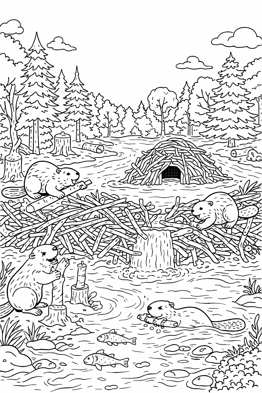 Coloring page showing beavers constructing a dam in a forest river setting, surrounded by trees, water, and fish, offering a lively nature scene for children.