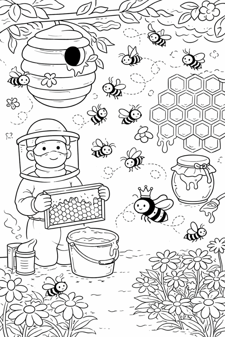 A beekeeper holding honeycomb surrounded by bees, a hive, honey jars, and flowers. The scene depicts charming bees buzzing around, inviting children to color and learn about the fascinating life of bees and the process of making honey.