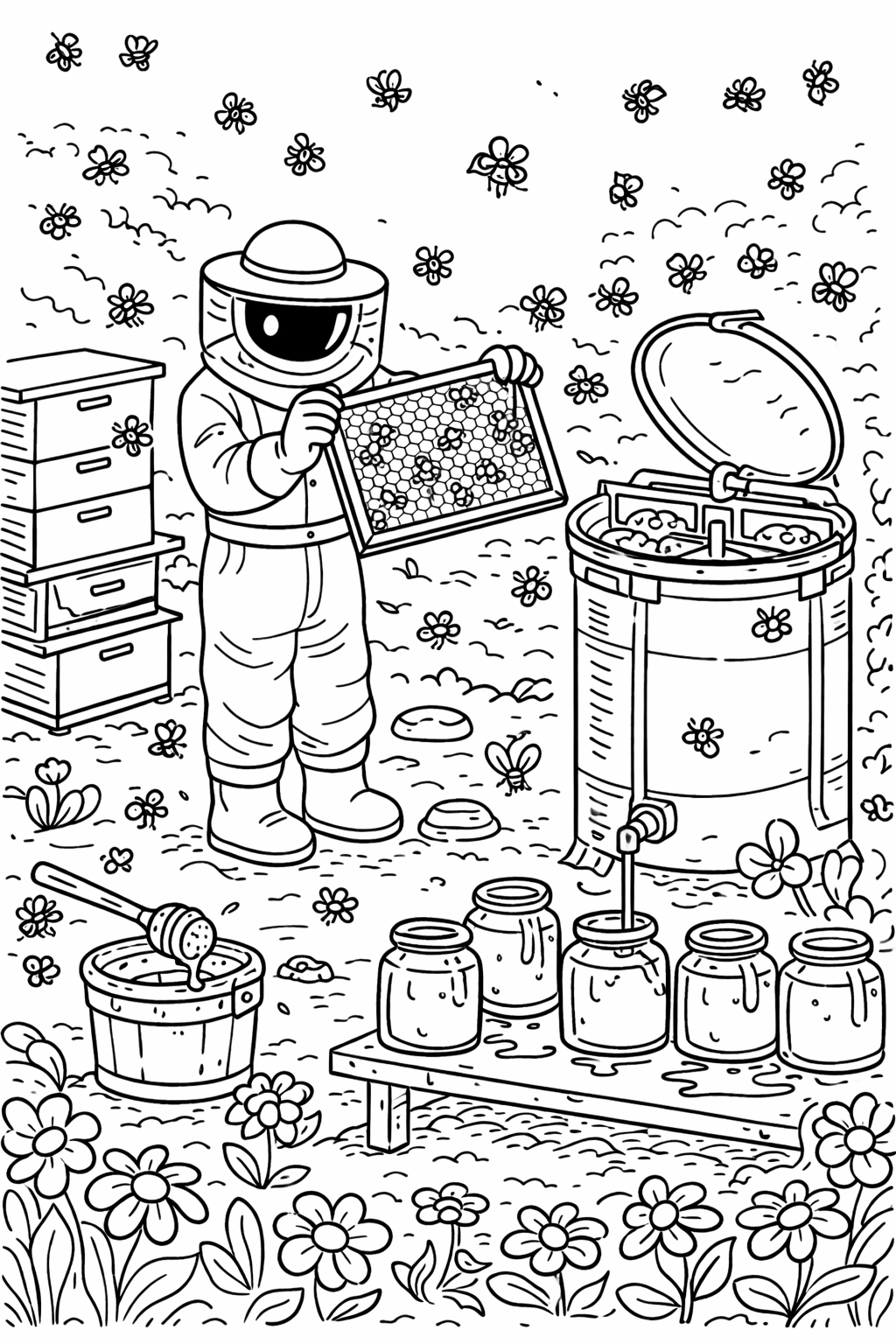 A beekeeper in a suit handles a hive frame with bees. The scene has honey jars, flowers, and bees creating an engaging and educational setting for children to color.
