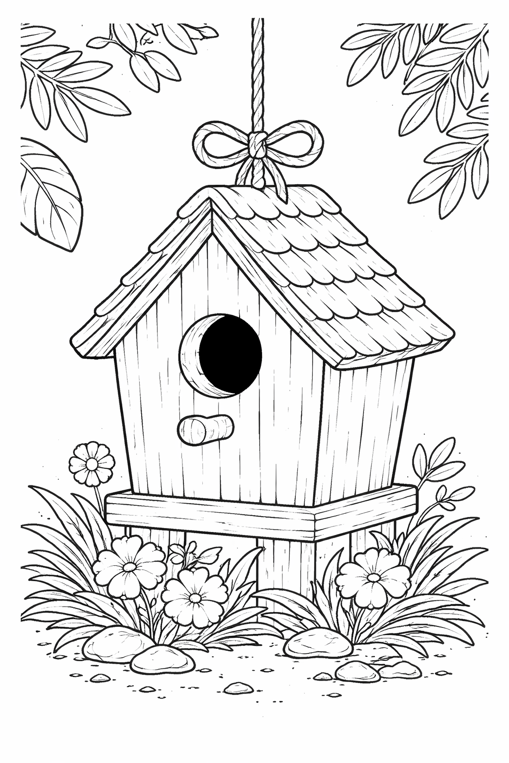 A coloring page depicting a wooden birdhouse hanging from a rope, surrounded by leaves and blooming flowers, inviting children to color and create their own nature scene.