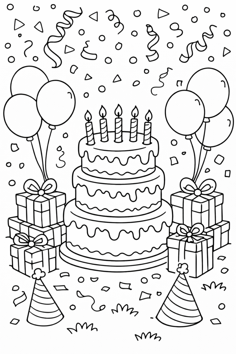 A coloring page showcasing a birthday celebration. It includes a large birthday cake with candles, balloons, presents with bows, party hats, and confetti scattered around. Ideal for kids to add colorful creativity to this festive scene.