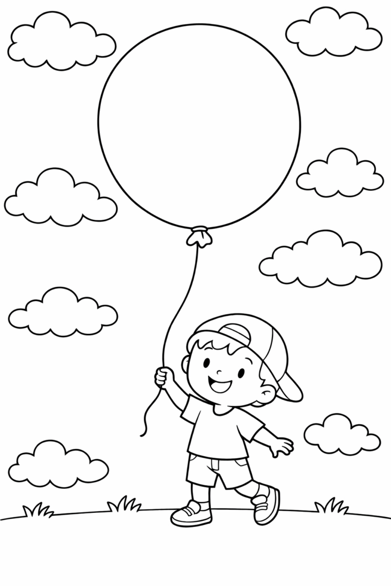 A happy boy holding a large balloon with clouds in the sky. The scene invites creativity with vibrant colors for the boy’s attire, the balloon's size, and the sky's cloud patterns. The setting evokes a cheerful outdoor adventure.